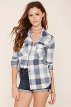 Forever21 Women's  Cream & Light Blue Snap-button Plaid Shirt