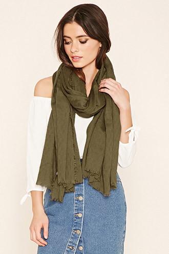 Forever21 Olive Frayed Trim Oblong Scarf