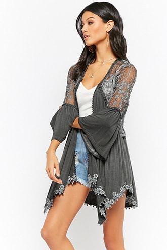 Forever21 Sheer Mesh Floral Embroidered Oil Wash Knit Cardigan