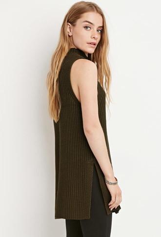 Forever21 Women's Side-slit Mock Neck Sweater (olive)