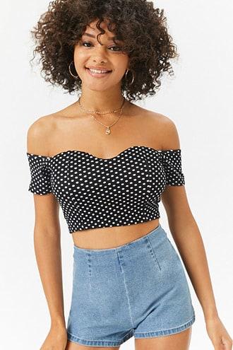 Forever21 Off-the-shoulder Polka Dot Crop Top