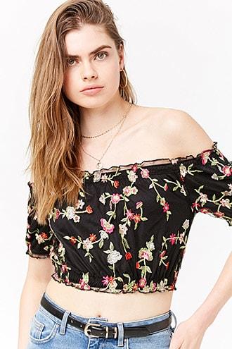 Forever21 Sheer Floral Off-the-shoulder Crop Top