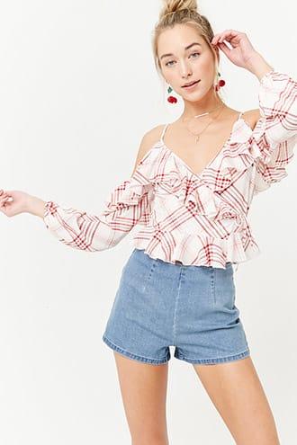 Forever21 Plaid Open-shoulder Wrap Top