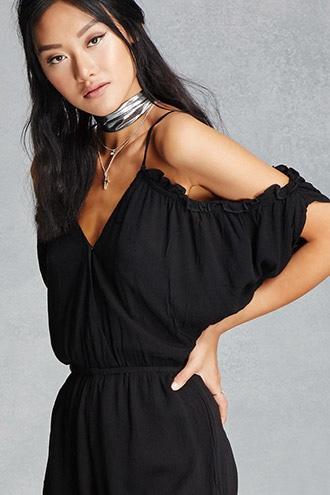 Forever21 Women's  Black Open-shoulder Surplice Romper