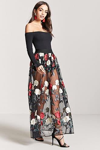Forever21 Sheer Mesh Floral Embroidered Maxi Skirt