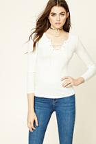 Forever21 Women's  Cream Lace-up Grommet Top