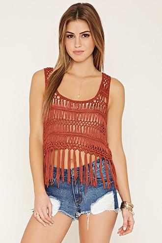 Forever21 Women's  Rust Crochet Fringe Tank
