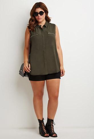Forever21 Plus Women's Zipper-pocket Top (olive)