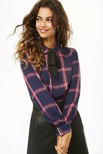 Forever21 Tie-neck Plaid Shirt