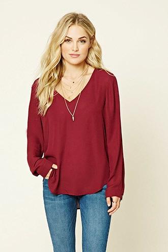 Forever21 Women's  Burgundy Woven Boxy V-neck Top