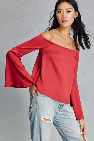 Forever21 Women's  Red Off-the-shoulder Satin Top