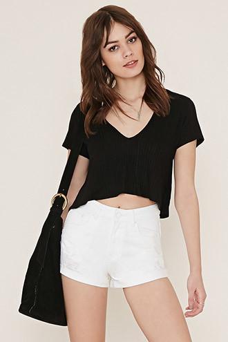 Forever21 Women's  White Cuffed Distressed Denim Shorts