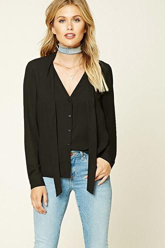 Love21 Women's  Black Contemporary Tie-neck Blouse
