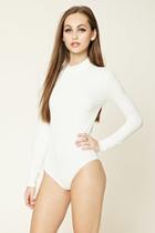 Forever21 Women's  Cream Ribbed Mock Neck Bodysuit