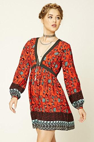 Forever21 Women's  Tomato & Navy Floral Print Mini Dress