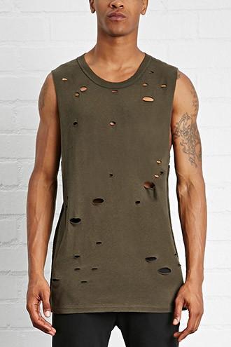 21 Men Men's  Olive Distressed Longline Muscle Tee