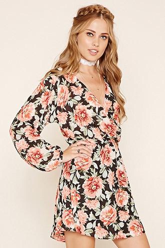 Forever21 Women's  Black & Coral Floral Print Surplice Dress