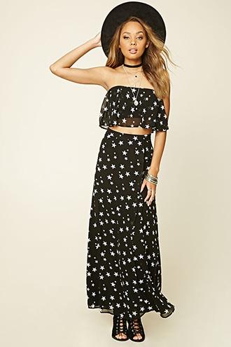 Forever21 Women's  Star Print Surplice Maxi Skirt