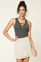 Forever21 Women's  Black & Ivory Striped Crisscross-front Tee