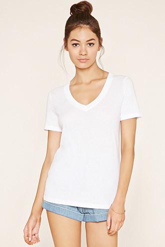 Forever21 Plus Women's  White Cotton-blend V-neck Tee