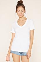 Forever21 Plus Women's  White Cotton-blend V-neck Tee
