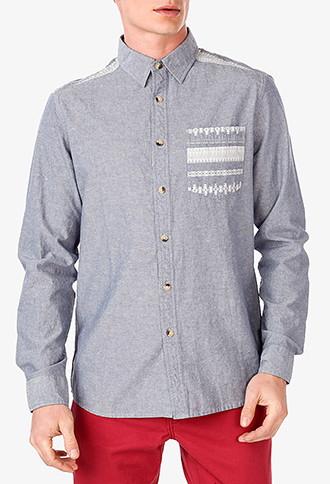 21 Men Classic Fit Tribal Print Chambray Shirt