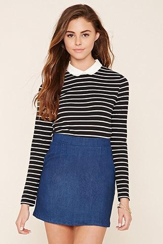 Forever21 Women's  Black & White Contrast Collar Striped Shirt