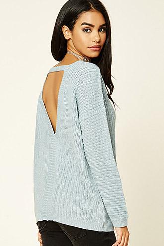 Forever21 Women's  Dusty Blue Purl Knit Cutout Sweater