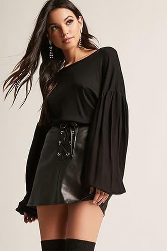 Forever21 Balloon-sleeve Contrast Waffle-knit Top