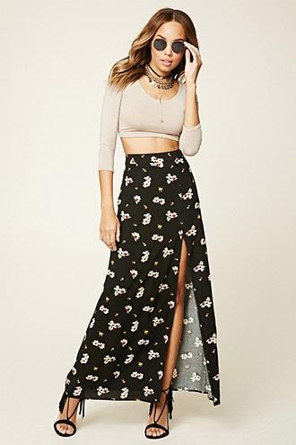 Forever21 Women's  Black & Cream Floral Side-slit Maxi Skirt