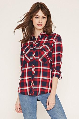 Forever21 Button-tab Plaid Shirt