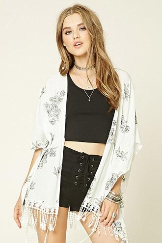 Forever21 Women's  Ivory & Black Crochet Fringe Top