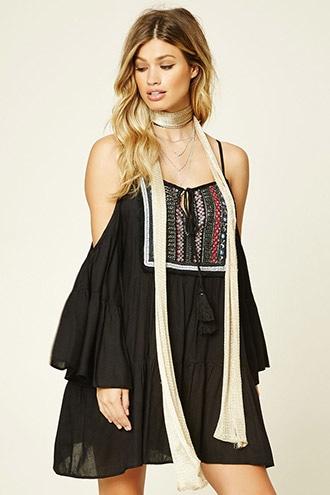 Forever21 Women's  Black Boho Me Beaded Peasant Dress