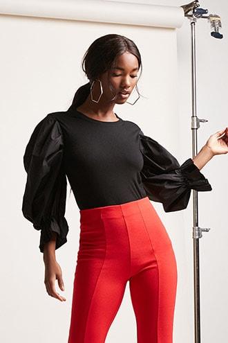 Forever21 Puff Sleeve Woven Knit Top