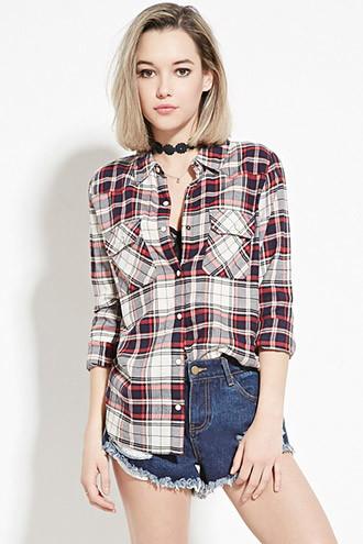 Forever21 Women's  Cream & Black Plaid Flannel Shirt