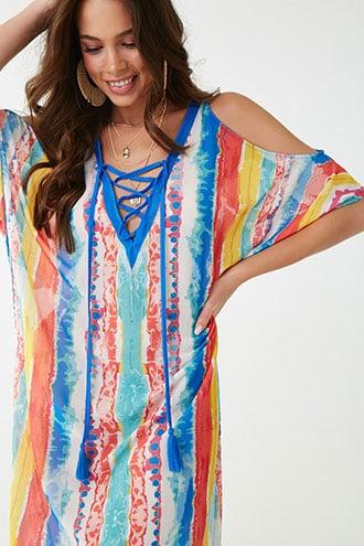 Forever21 Watercolor Lace-up Open-shoulder Maxi Dress