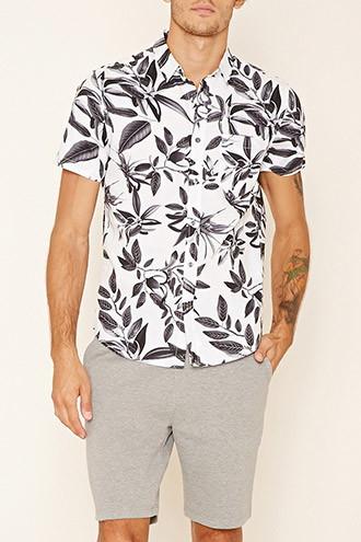 21 Men Men's  White & Black Floral Print Pocket Shirt