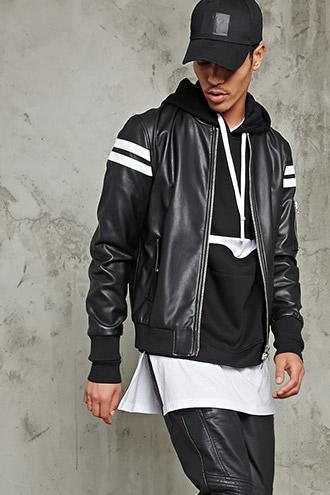 21 Men Men's  Black & White Faux Leather Bomber Jacket