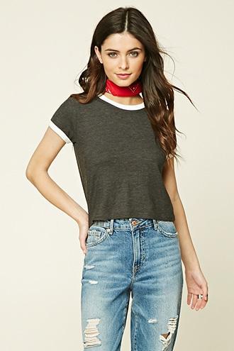Forever21 Women's  Charcoal & Cream Classic Ringer Tee
