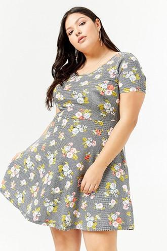 Forever21 Plus Size Floral Print Gingham Skater Dress