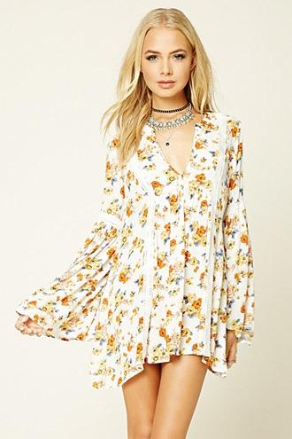 Forever21 Women's  Ivory & Orange Floral Print Mini Dress