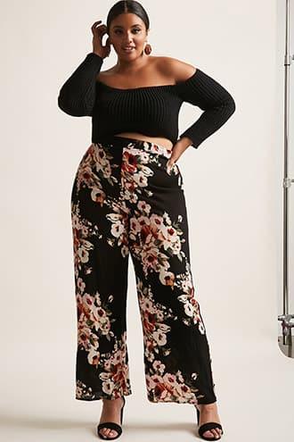 Forever21 Plus Size High Rise Floral Crepe Wide Leg Pants