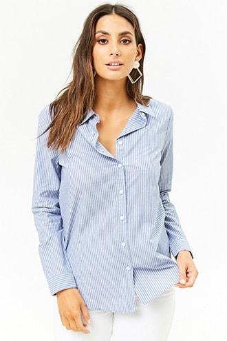 Forever21 Pinstriped Curved Hem Shirt