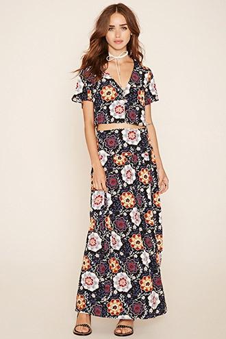 Forever21 Women's  Black & Rust Floral Print Maxi Skirt