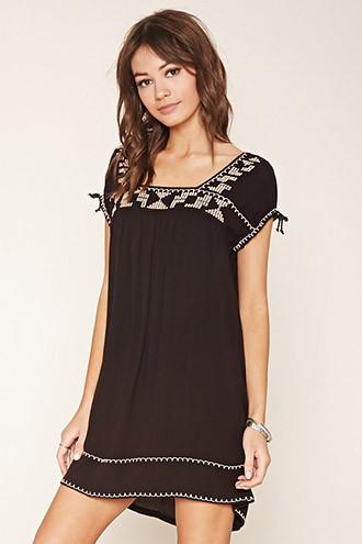 Forever21 Women's Black & Tan Embroidered Peasant Dress