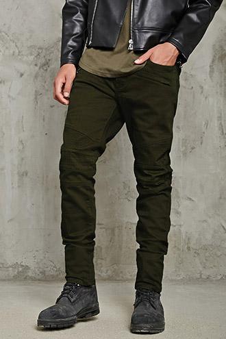 21 Men Men's  Olive Ribbed Knee Skinny Jeans