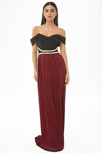 Forever21 Soieblu Pleated Off-the-shoulder Combo Gown