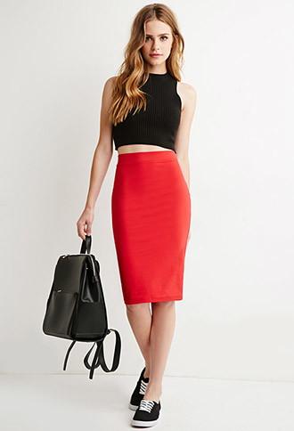 Forever21 Women's  Stretch Knit Pencil Skirt (red)
