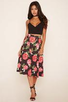 Forever21 Women's  Black & Red Pleated Floral Midi Skirt