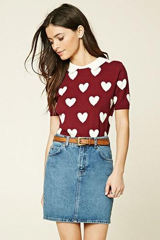 Forever21 Women's  Burgundy & Cream Heart Print Sweater Top